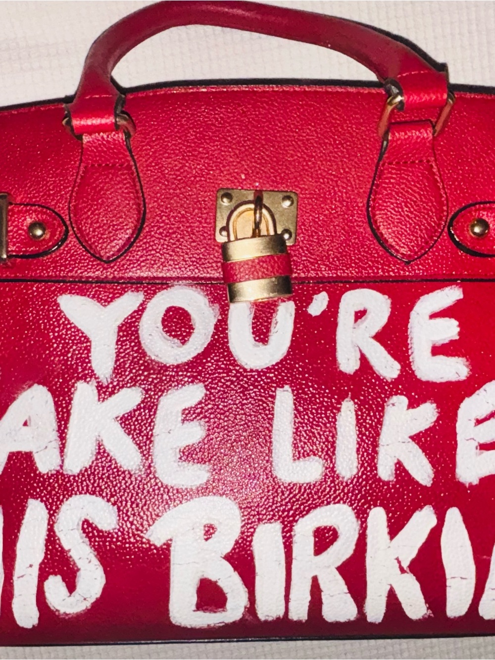 Handmade Red Leather Statement Tote Bag with White Graffiti Text-
Wearable Art